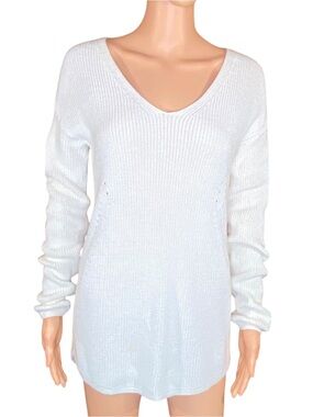 a.n.a Cable Knit Cream Sweater Ribbed Lightweight V-Neck Longer Length SZ Med